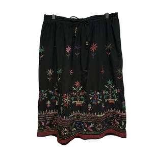 Vintage Liz Wear Black Floral Embroidered Midi Skirt Drawstring Waist Small